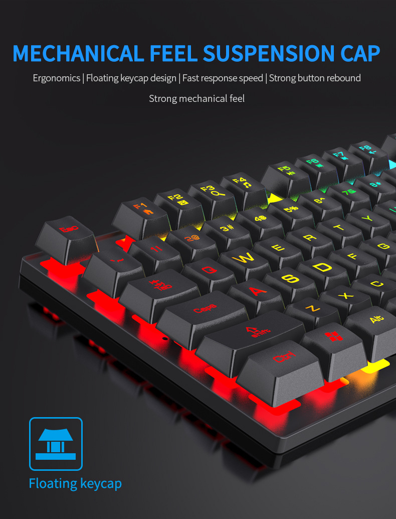 Keyboard Mouse Bundle Gaming - Teclado mecânico retroiluminado com 104 teclas,